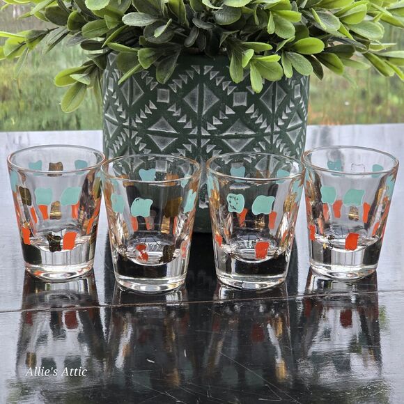 4 Vtg MCM Orange Gold Aqua Teal Blue Atomic Shot Glasses Cocktail Barware Set - Picture 3 of 5
